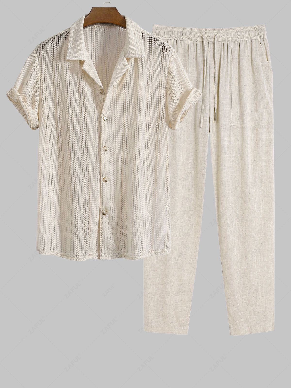 Men\'s Camp Collar Solid Color Pointelle Knit Openwork Short Sleeves Shirt and Linen Straight Leg Drawstring Casual Pants Set CHAMPAGNE - PURECLO