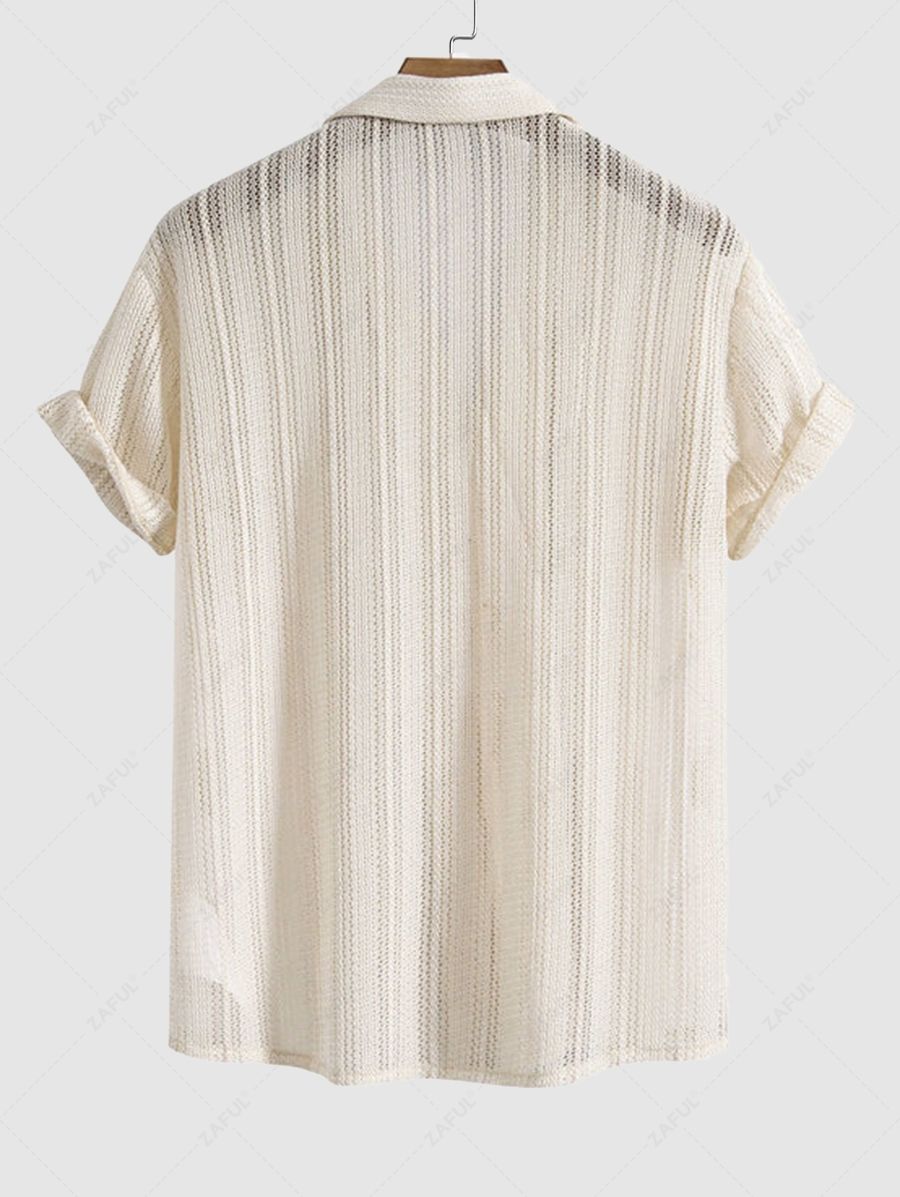 Men\'s Camp Collar Solid Color Pointelle Knit Openwork Short Sleeves Shirt and Linen Straight Leg Drawstring Casual Pants Set CHAMPAGNE - PURECLO