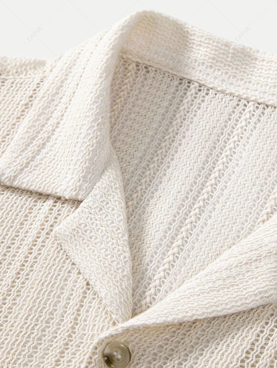 Men\'s Camp Collar Solid Color Pointelle Knit Openwork Short Sleeves Shirt and Linen Straight Leg Drawstring Casual Pants Set CHAMPAGNE - PURECLO