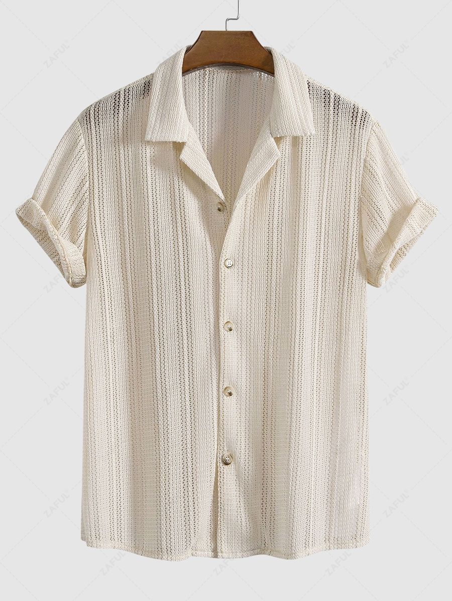 Men\'s Camp Collar Solid Color Pointelle Knit Openwork Short Sleeves Shirt and Linen Straight Leg Drawstring Casual Pants Set CHAMPAGNE - PURECLO