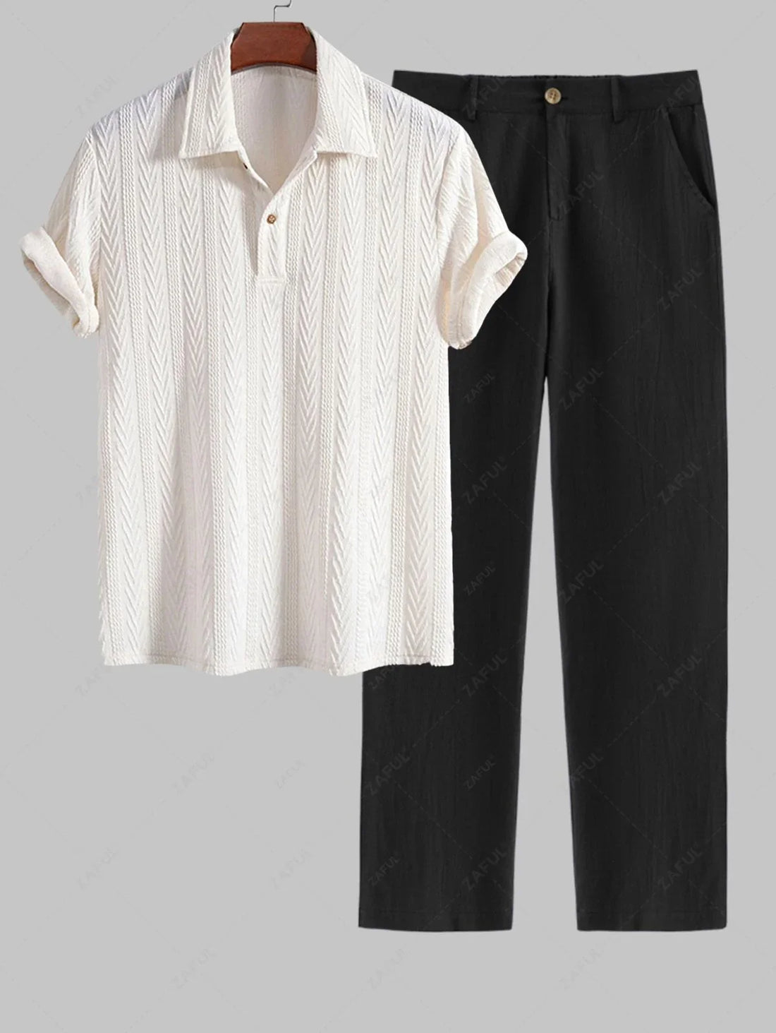 Men\'s Solid Color Jacquard Textured Polo Collar Half Buttoned Short Sleeves T-shirt and Cotton and Linen Straight Leg Pants Set BLACK COFFEE - PURECLO