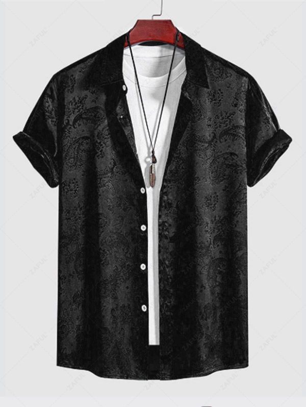 Men\'s Button Up Short Sleeves Paisley Jacquard Silky Satin Shirt and Drawstring Pockets Casual Shorts Set DEEP GREEN BLACK - PURECLO