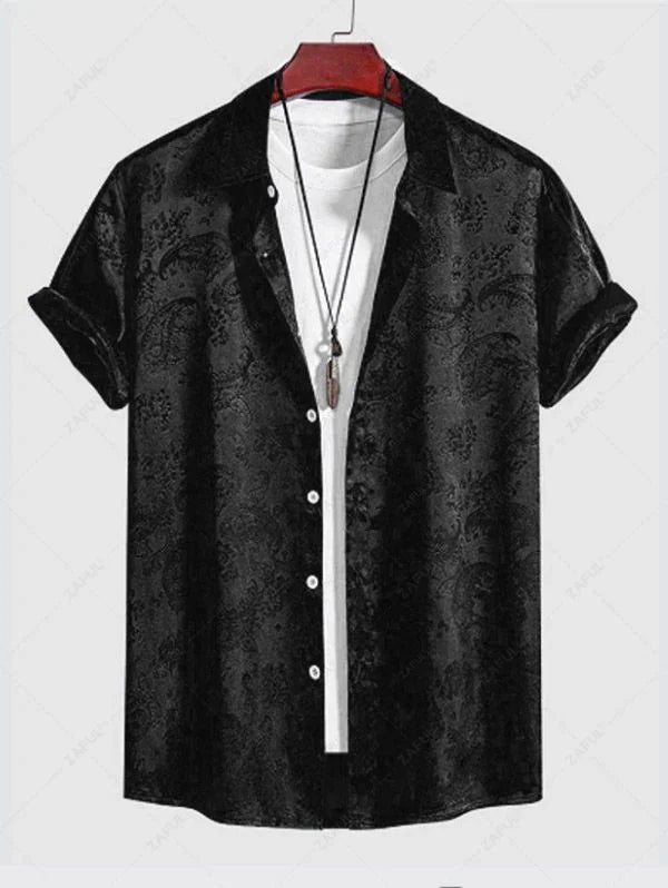 Men\'s Button Up Short Sleeves Paisley Jacquard Silky Satin Shirt and Drawstring Pockets Casual Shorts Set DEEP GREEN BLACK - PURECLO