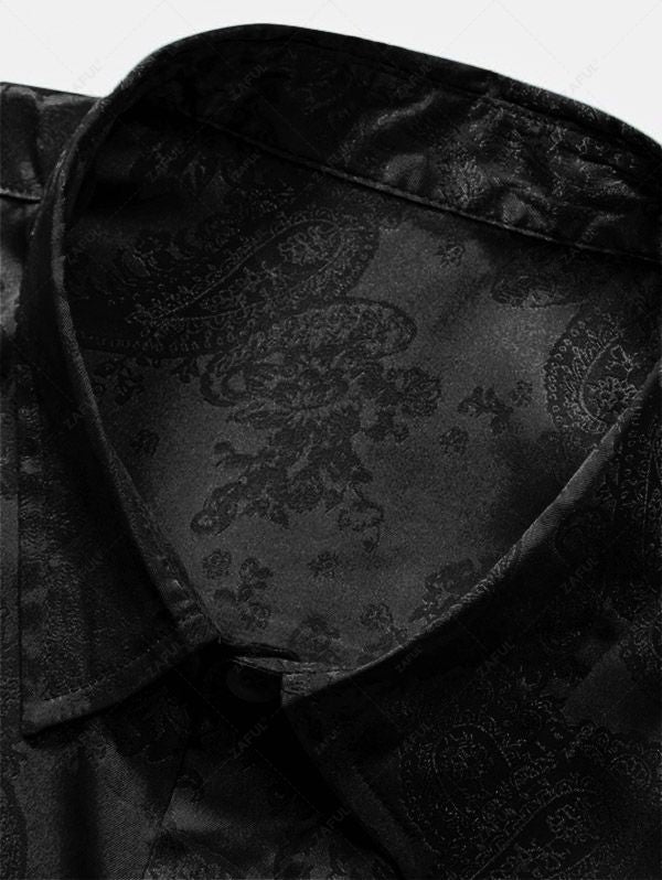 Men\'s Button Up Short Sleeves Paisley Jacquard Silky Satin Shirt and Drawstring Pockets Casual Shorts Set DEEP GREEN BLACK - PURECLO