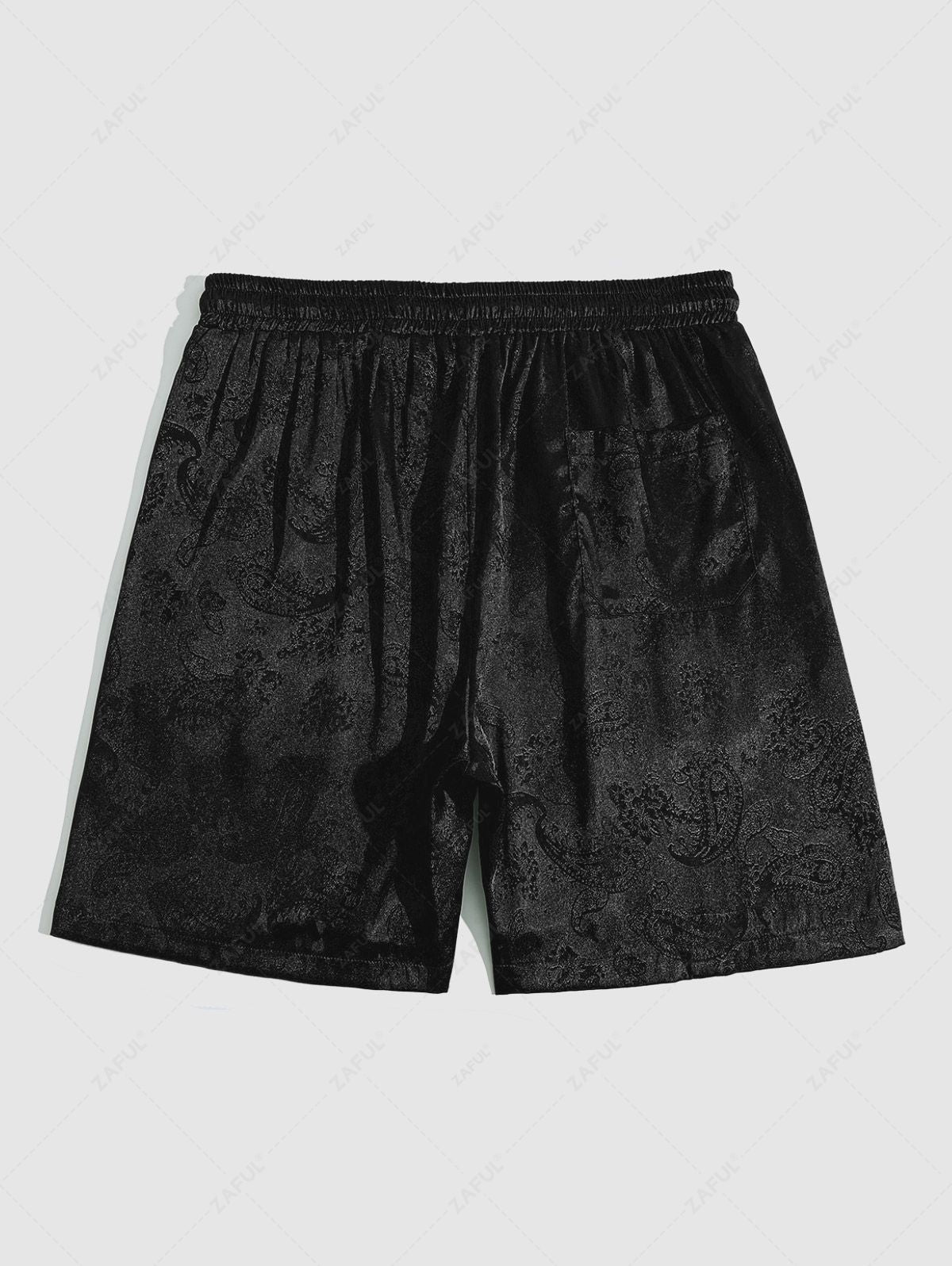 Men\'s Button Up Short Sleeves Paisley Jacquard Silky Satin Shirt and Drawstring Pockets Casual Shorts Set DEEP GREEN BLACK - PURECLO