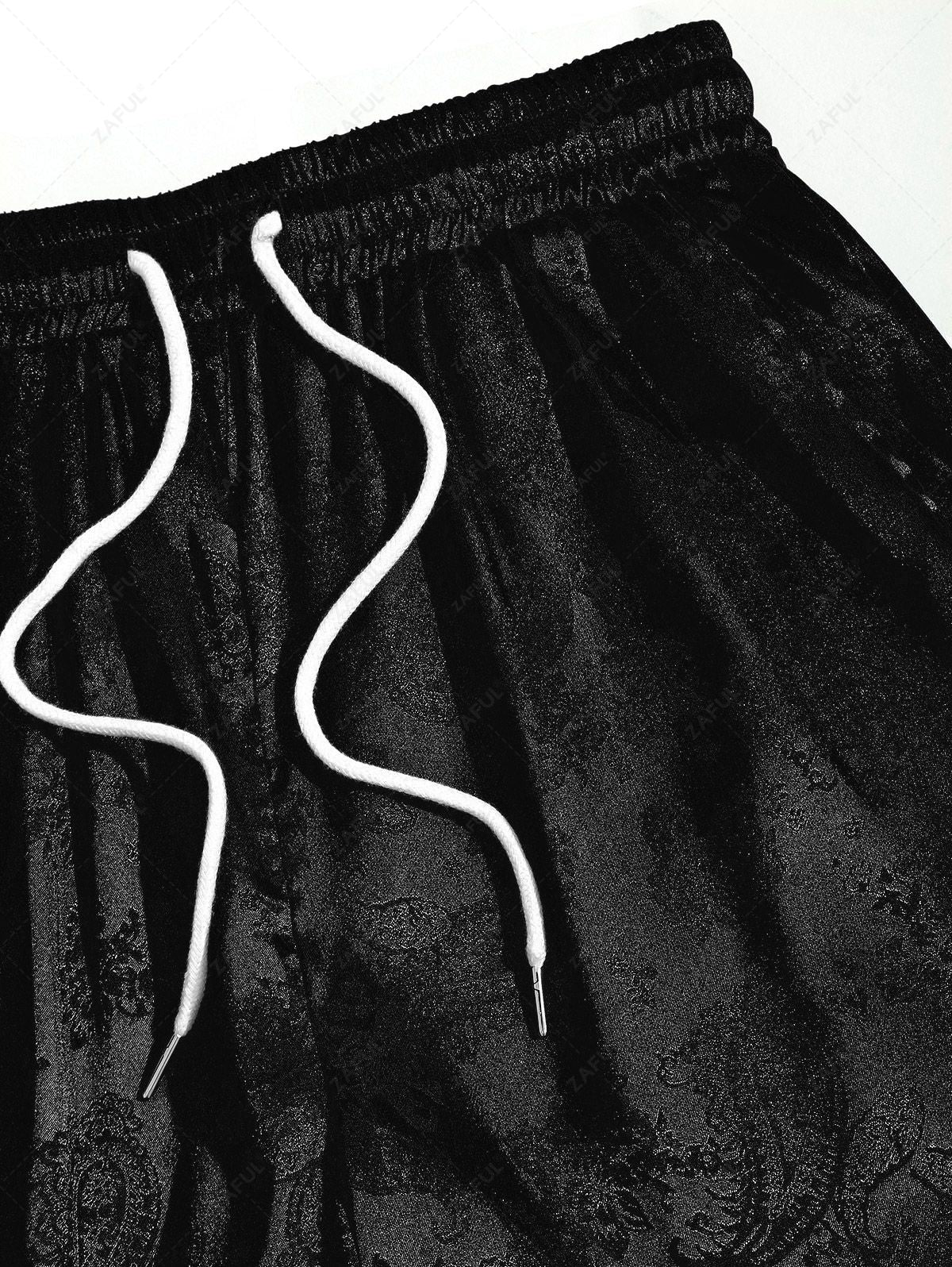 Men\'s Button Up Short Sleeves Paisley Jacquard Silky Satin Shirt and Drawstring Pockets Casual Shorts Set DEEP GREEN BLACK - PURECLO