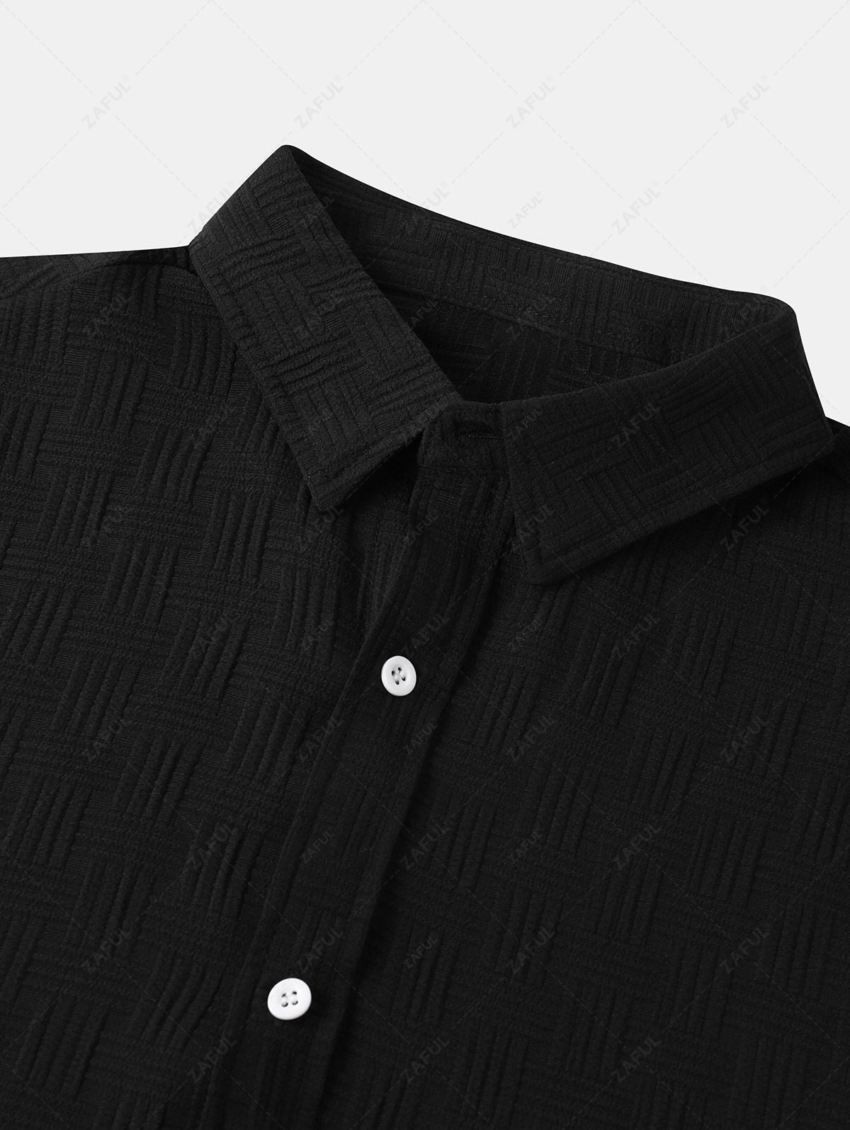 Men\'s Cross Knot Jacquard Textured Button Up Short Sleeves Shirt and Cotton and Linen Straight Leg Pants Set BLACK WHITE - PURECLO