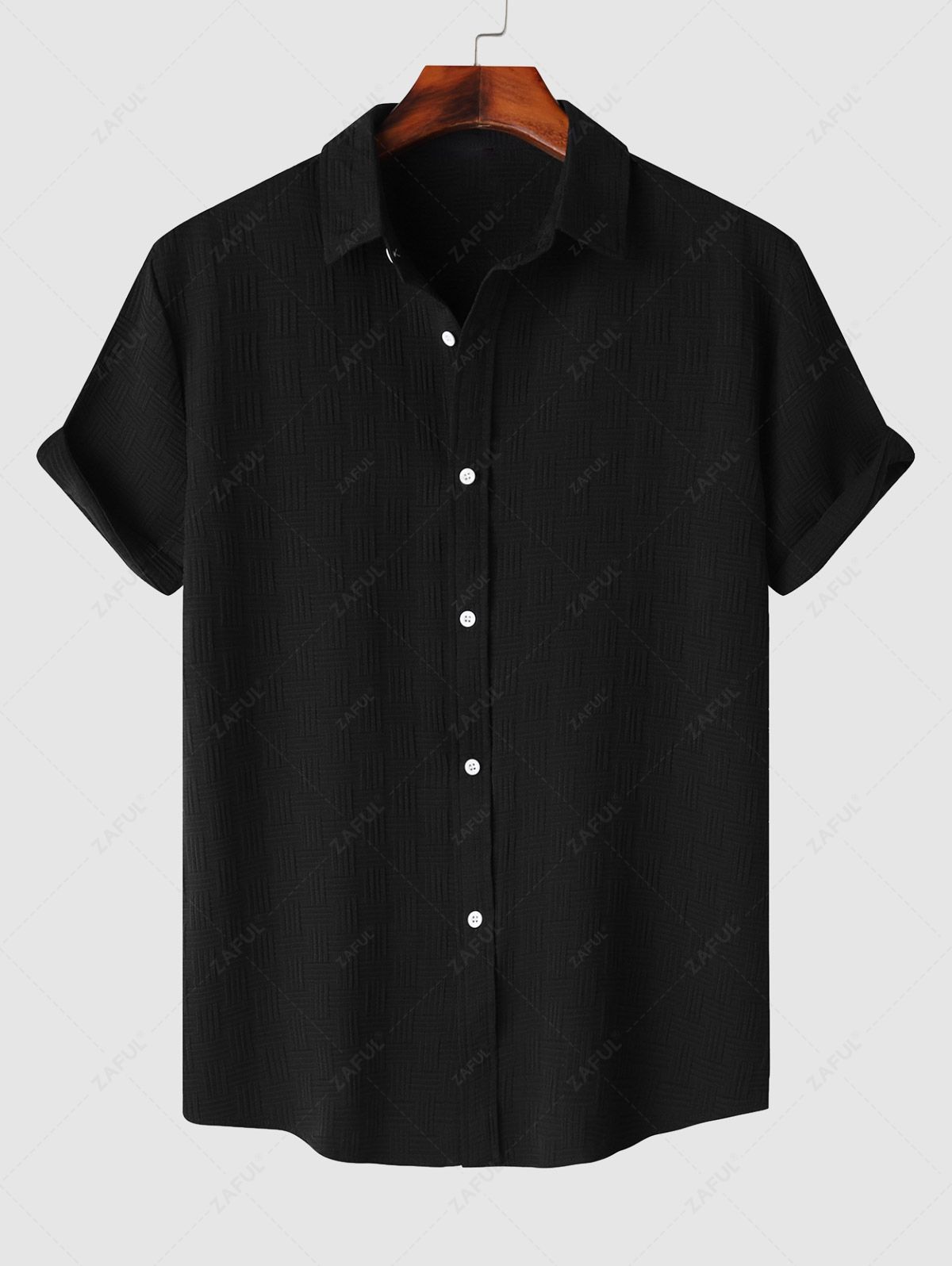 Men\'s Cross Knot Jacquard Textured Button Up Short Sleeves Shirt and Cotton and Linen Straight Leg Pants Set BLACK WHITE - PURECLO