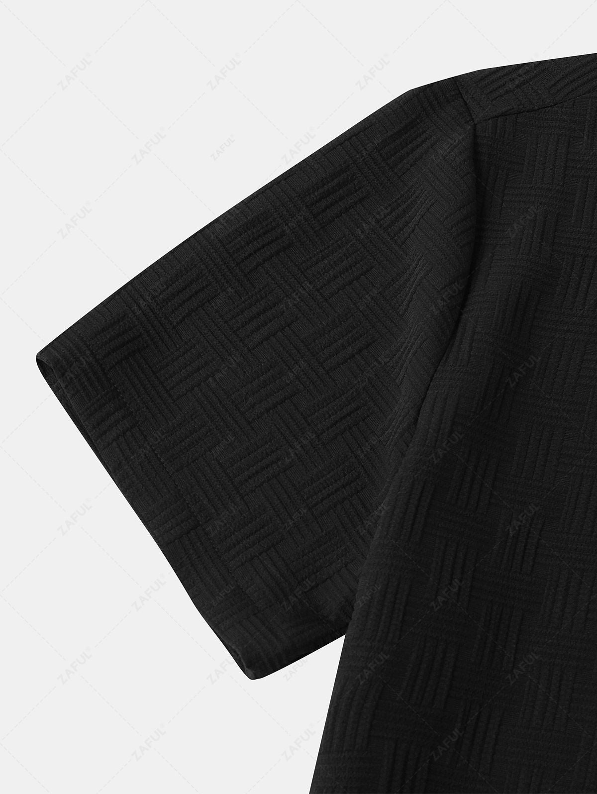 Men\'s Cross Knot Jacquard Textured Button Up Short Sleeves Shirt and Cotton and Linen Straight Leg Pants Set BLACK WHITE - PURECLO