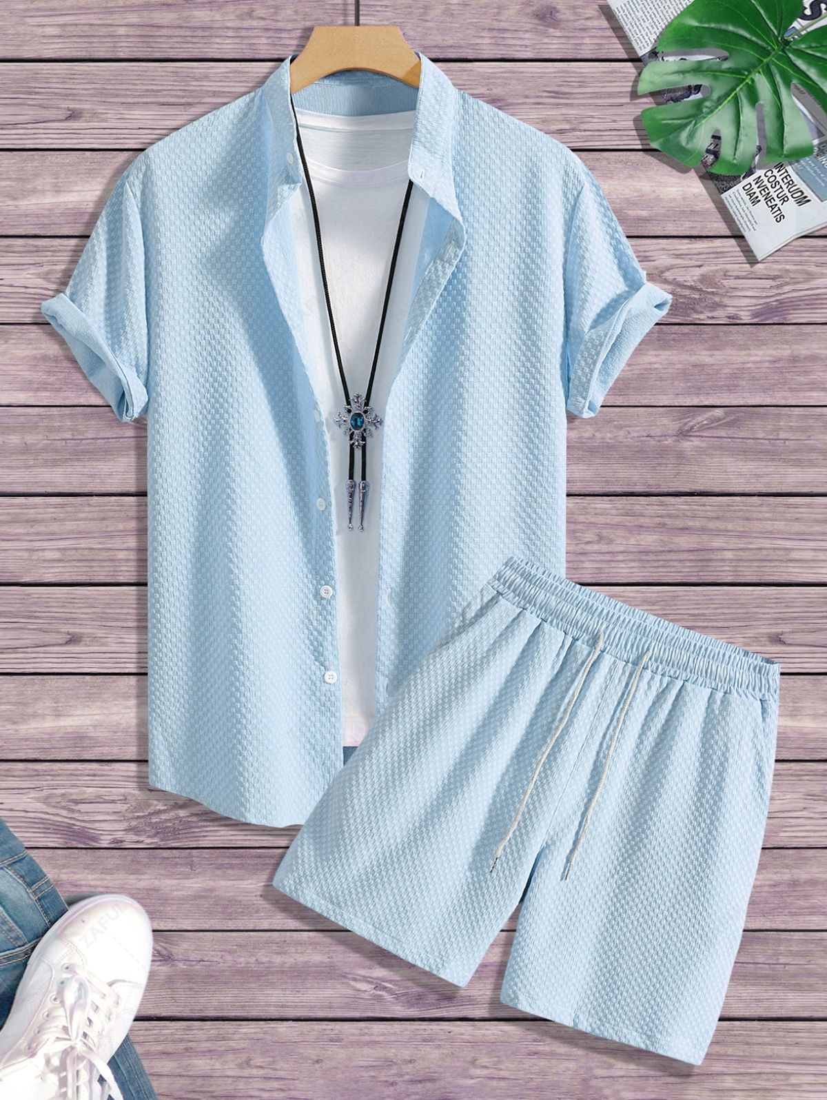 Men\'s Matching Two Piece Co Ord Solid Color Textured Button Up Short Sleeves Shirt and Drawstring Casual Shorts Set LIGHT BLUE WHITE - PURECLO