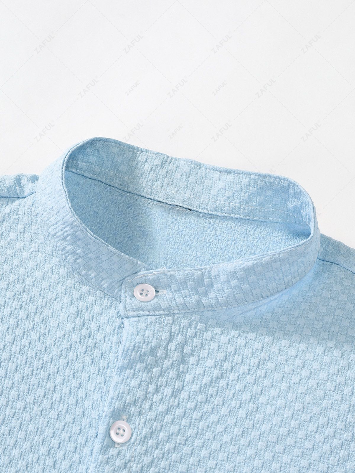 Men\'s Matching Two Piece Co Ord Solid Color Textured Button Up Short Sleeves Shirt and Drawstring Casual Shorts Set LIGHT BLUE WHITE - PURECLO