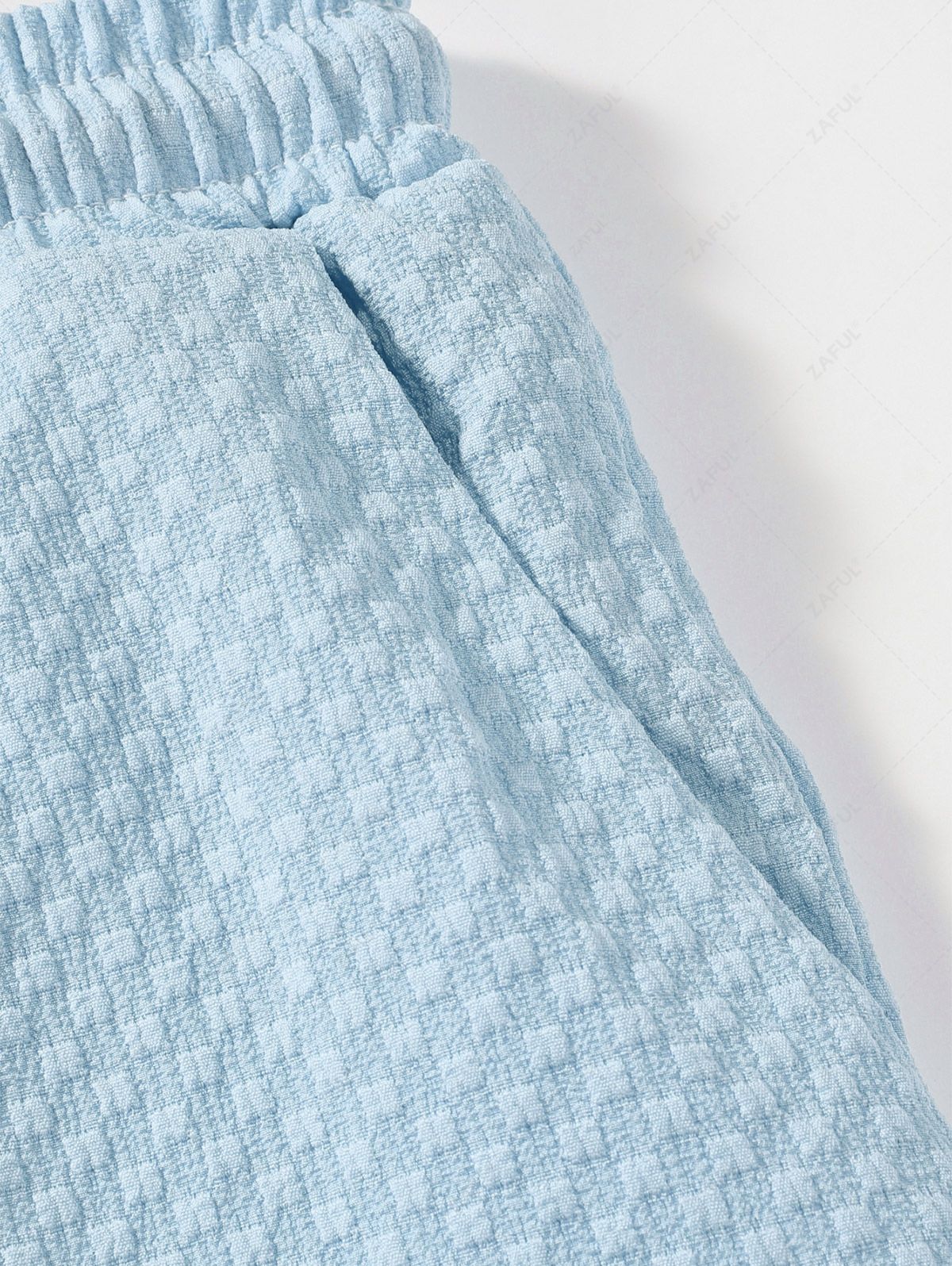 Men\'s Matching Two Piece Co Ord Solid Color Textured Button Up Short Sleeves Shirt and Drawstring Casual Shorts Set LIGHT BLUE WHITE - PURECLO