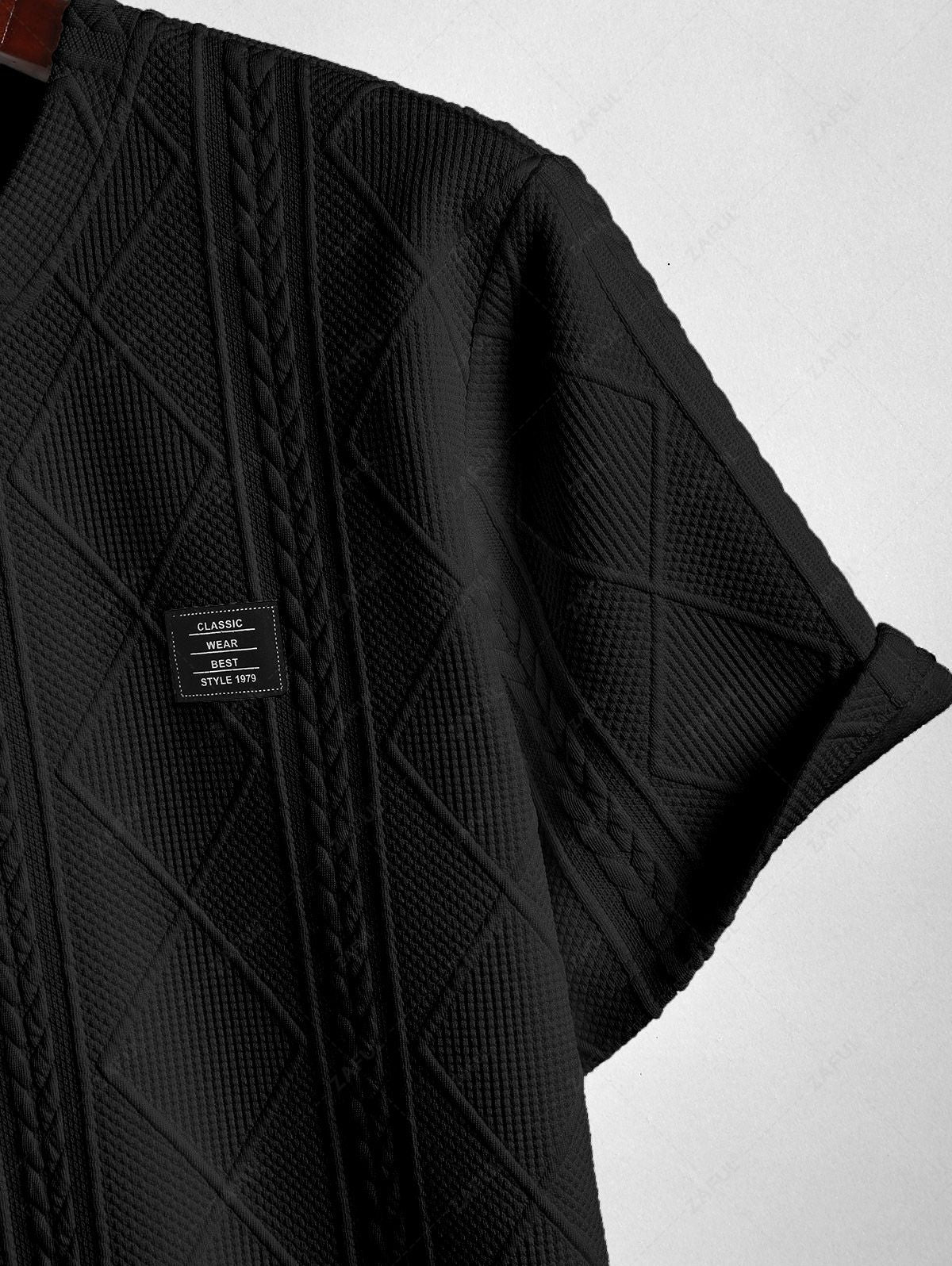 ZAFUL Men\'s Matching Two Piece Co Ord Crew Neck Short Sleeves Cable Geometric Jacquard Textured T-shirt and Drawstring Casual Shorts Set BLACK WHITE - PURECLO