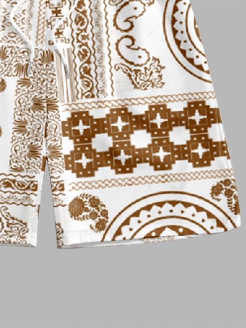 Men\'s Scarfs Bandana Paisley Print Button Up Casual Vacation Short Sleeves Shirt and Drawstring Shorts Set LIGHT COFFEE - PURECLO