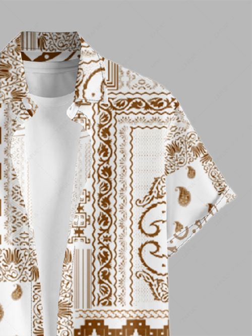 Men\'s Scarfs Bandana Paisley Print Button Up Casual Vacation Short Sleeves Shirt and Drawstring Shorts Set LIGHT COFFEE - PURECLO