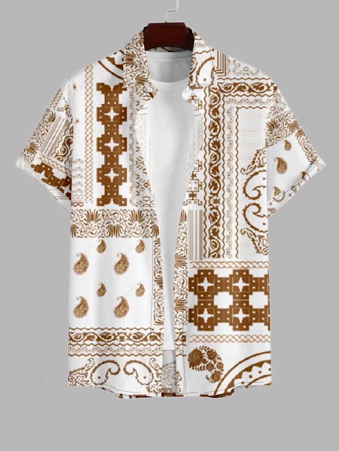 Men\'s Scarfs Bandana Paisley Print Button Up Casual Vacation Short Sleeves Shirt and Drawstring Shorts Set LIGHT COFFEE - PURECLO