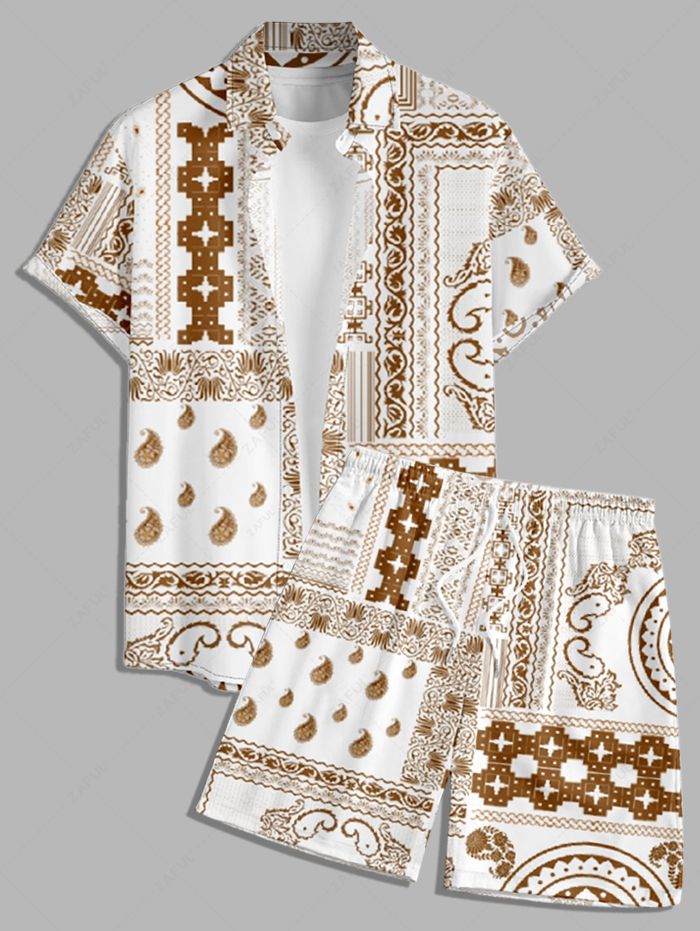 Men\'s Scarfs Bandana Paisley Print Button Up Casual Vacation Short Sleeves Shirt and Drawstring Shorts Set LIGHT COFFEE - PURECLO