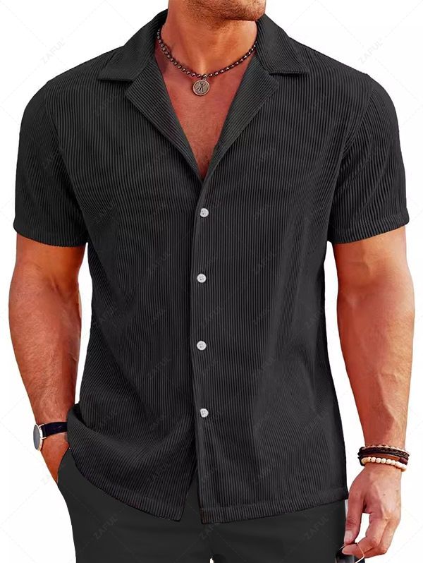 Men\'s Solid Color Ribbed Camp Collar Button Up Short Sleeves Shirt and Cotton and Linen Straight Leg Pants Set BLACK MULTI WHITE - PURECLO