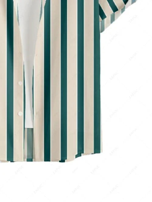 Men\'s Vertical Stripes Vacation Casual Short Sleeves Shirt And Solid Color Cotton and Linen Straight Leg Pants Set GREEN BLUE LIGHT BLUE - PURECLO