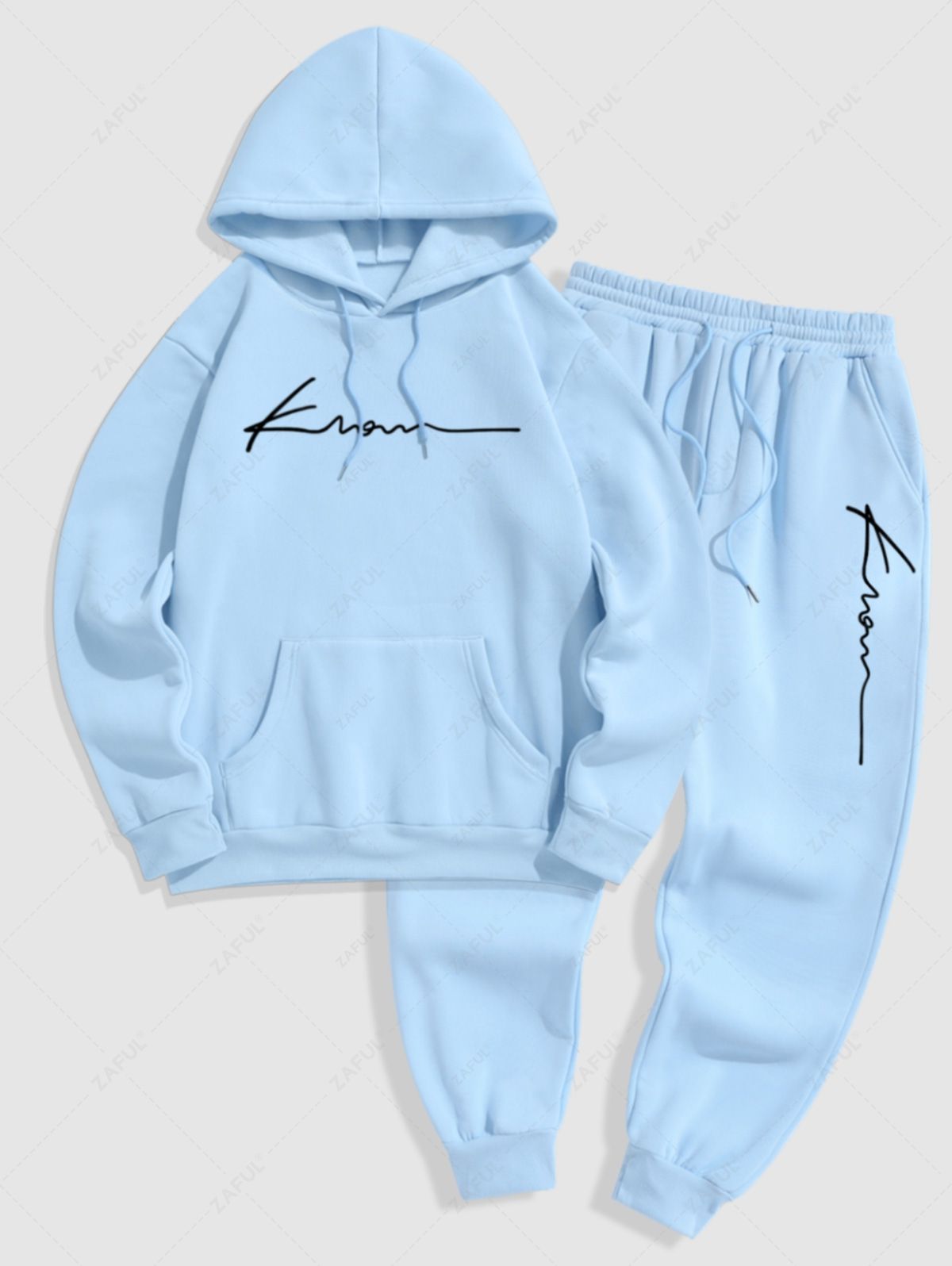 Men\'s Minimalist Style Letter Pattern Fuzzy Fleece-lined Kangaroo Pocket Design Pullover Hoodie And Drawstring Jogger Sweatpants Set LIGHT BLUE BLACK LIGHT COFFEE GRAY DEEP GREEN WHITE RED - PURECLO