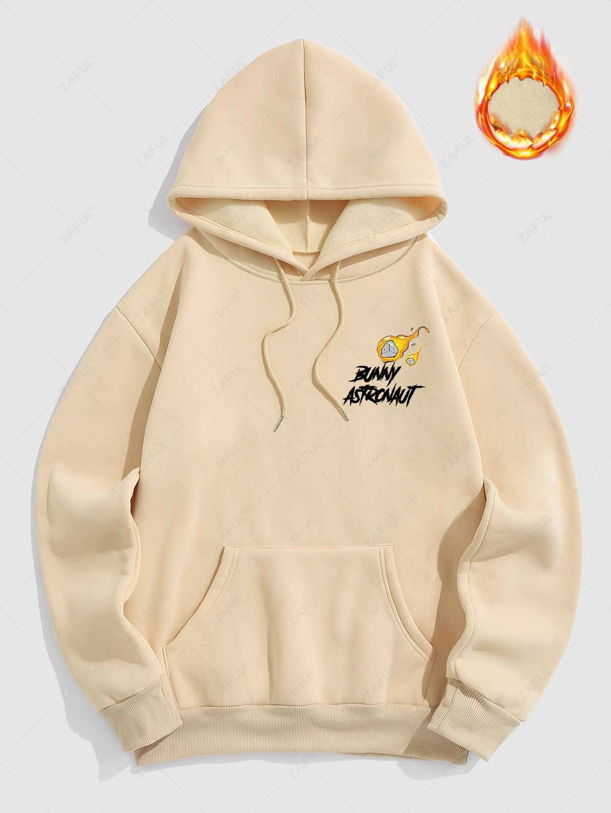 Men\'s Letter Bunny Astronaut Pattern Fuzzy Fleece-lined Kangaroo Pocket Design Pullover Hoodie LIGHT COFFEE - PURECLO