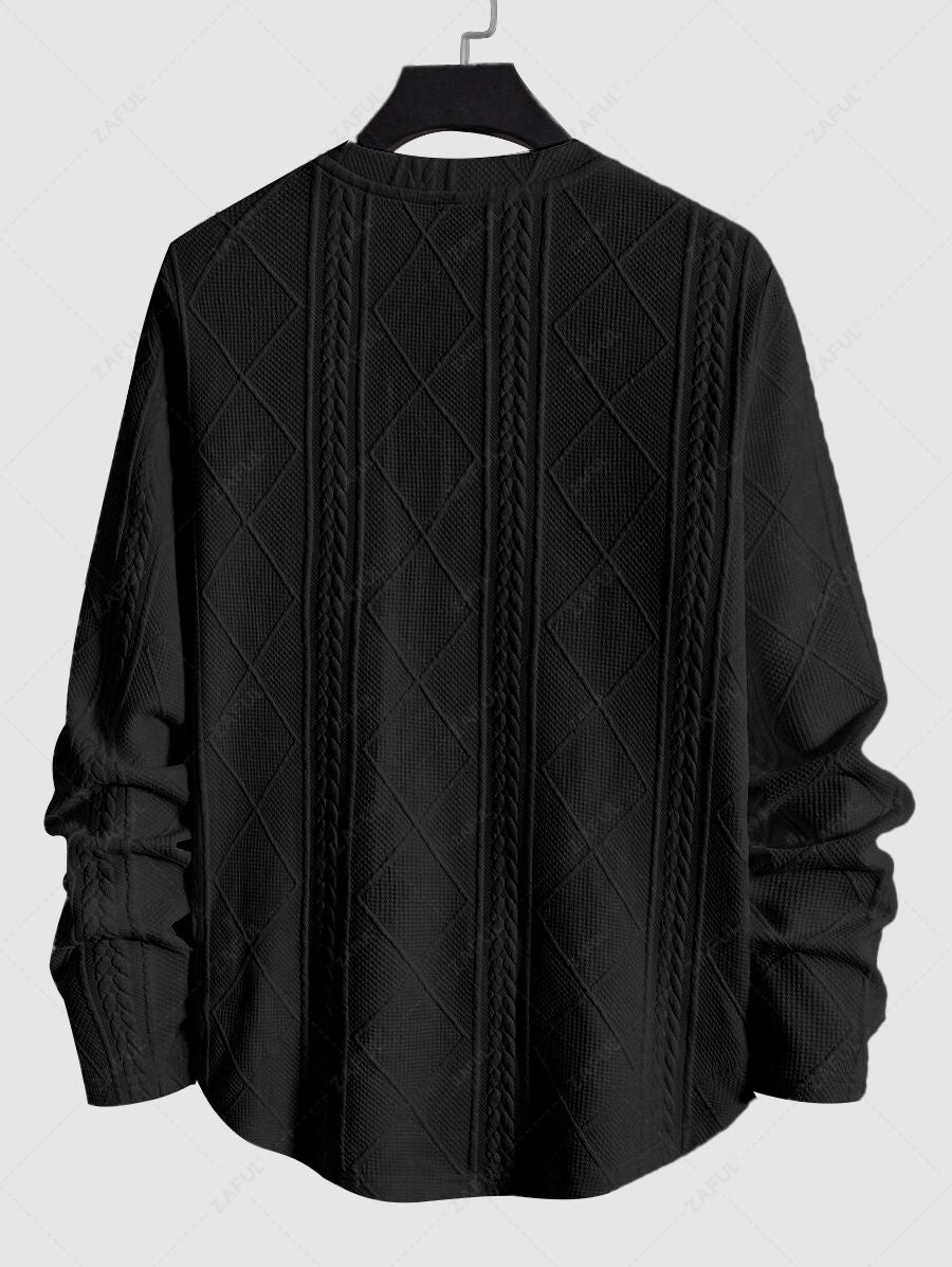 Men\'s Jacquard Textured Patch Design Crew Neck Pullover Sweatshirt And Mountain Pattern Fuzzy Fleece-lined Drawstring Jogger Sweatpants Set BLACK WHITE - PURECLO