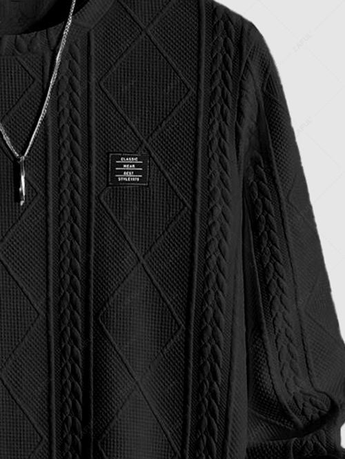Men\'s Jacquard Textured Patch Design Crew Neck Pullover Sweatshirt And Mountain Pattern Fuzzy Fleece-lined Drawstring Jogger Sweatpants Set BLACK WHITE - PURECLO