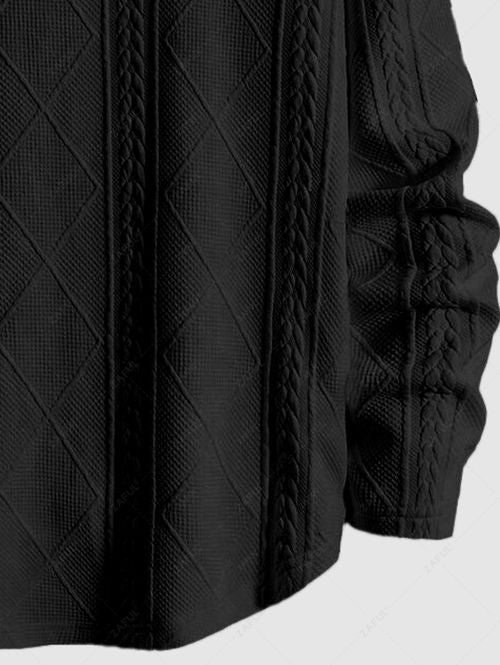 Men\'s Jacquard Textured Patch Design Crew Neck Pullover Sweatshirt And Mountain Pattern Fuzzy Fleece-lined Drawstring Jogger Sweatpants Set BLACK WHITE - PURECLO