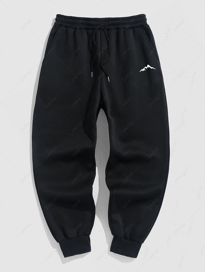 Men\'s Jacquard Textured Patch Design Crew Neck Pullover Sweatshirt And Mountain Pattern Fuzzy Fleece-lined Drawstring Jogger Sweatpants Set BLACK WHITE - PURECLO