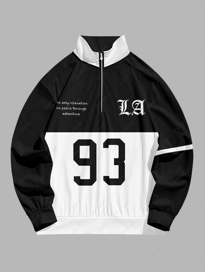 Men\'s Casual Colorblock Letter Number Pattern Quarter Zip Stand Collar Sweatshirt BLACK - PURECLO