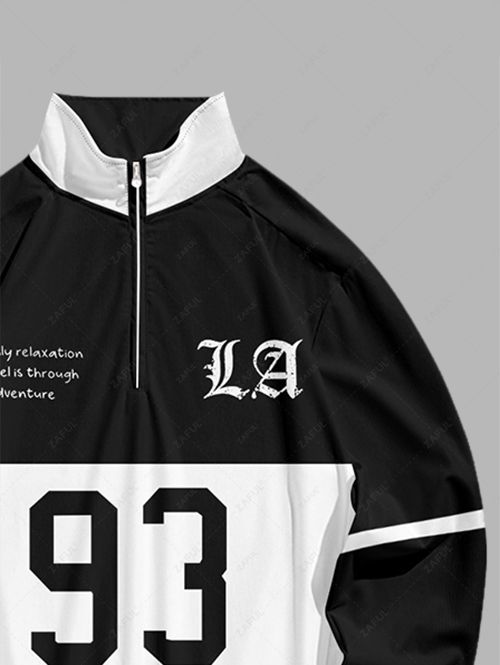 Men\'s Casual Colorblock Letter Number Pattern Quarter Zip Stand Collar Sweatshirt BLACK - PURECLO