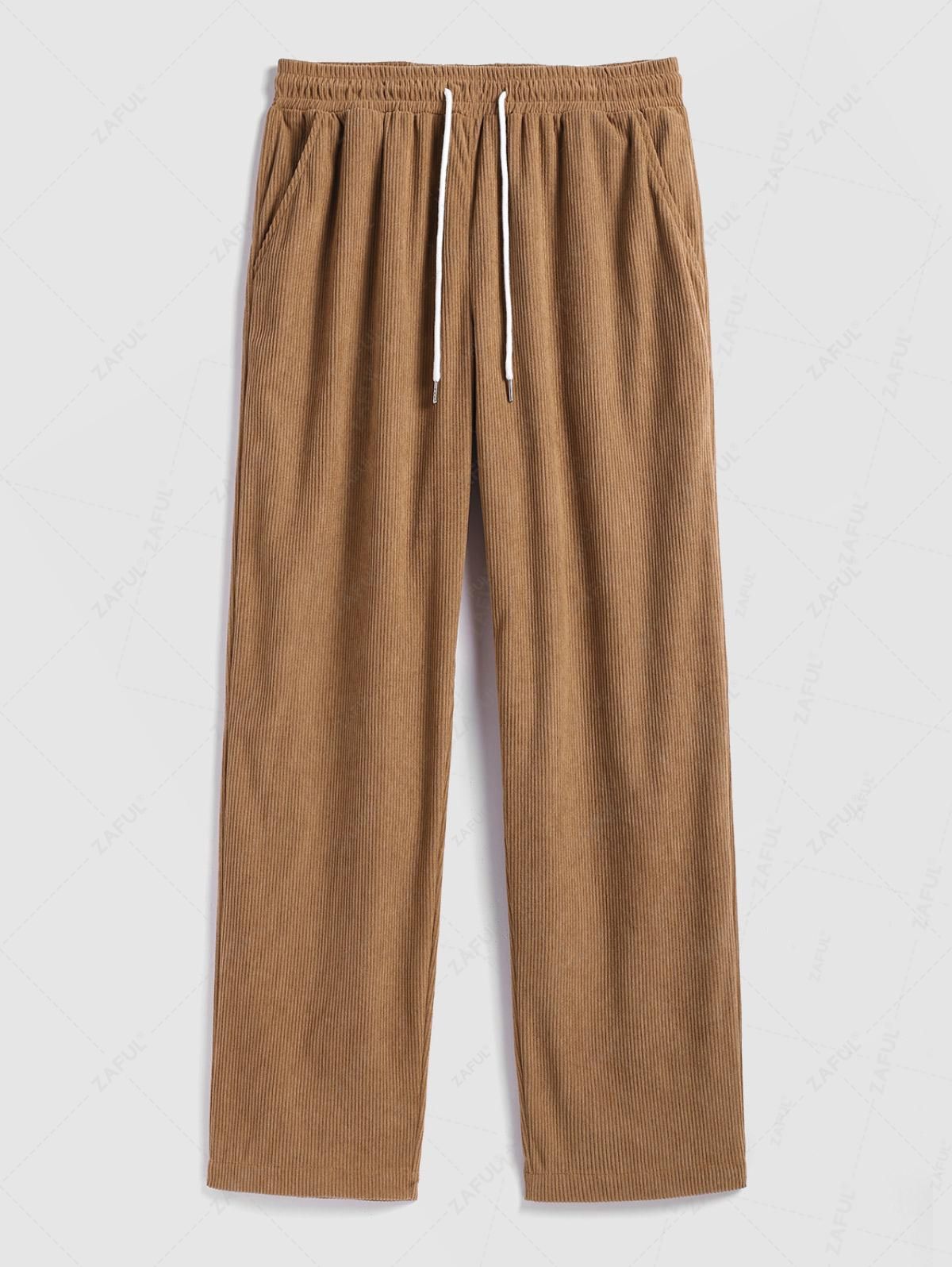 Men\'s Casual Corduroy Ribbed Drawstring Straight Leg Pants COFFEE - PURECLO