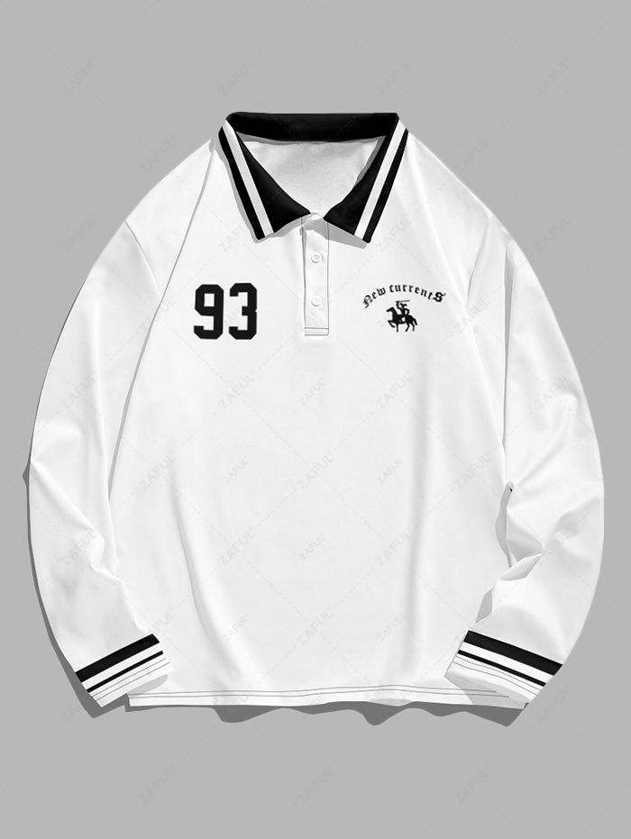 Men\'s Letter Number Graphic Pattern Contrast Striped Trim Half Buttoned Polo Collar Long Sleeves T-shirt WHITE - PURECLO