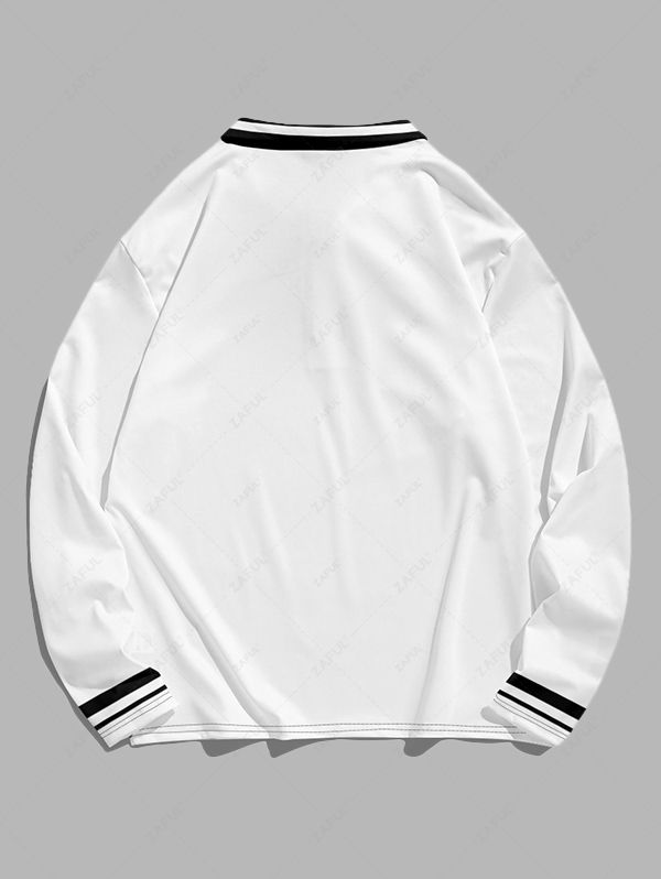 Men\'s Letter Number Graphic Pattern Contrast Striped Trim Half Buttoned Polo Collar Long Sleeves T-shirt WHITE - PURECLO