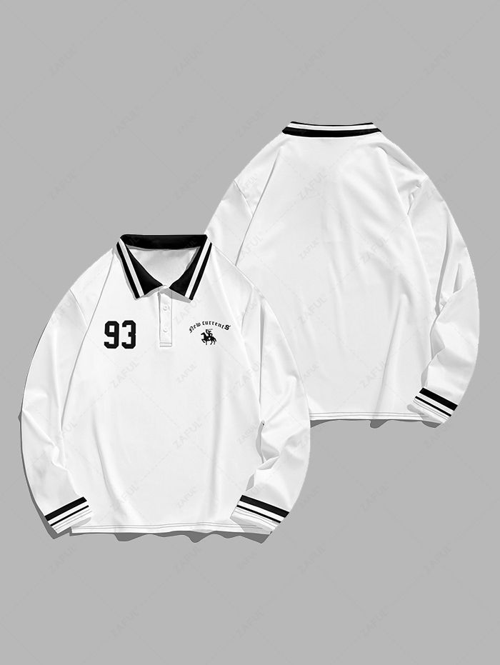 Men\'s Letter Number Graphic Pattern Contrast Striped Trim Half Buttoned Polo Collar Long Sleeves T-shirt WHITE - PURECLO