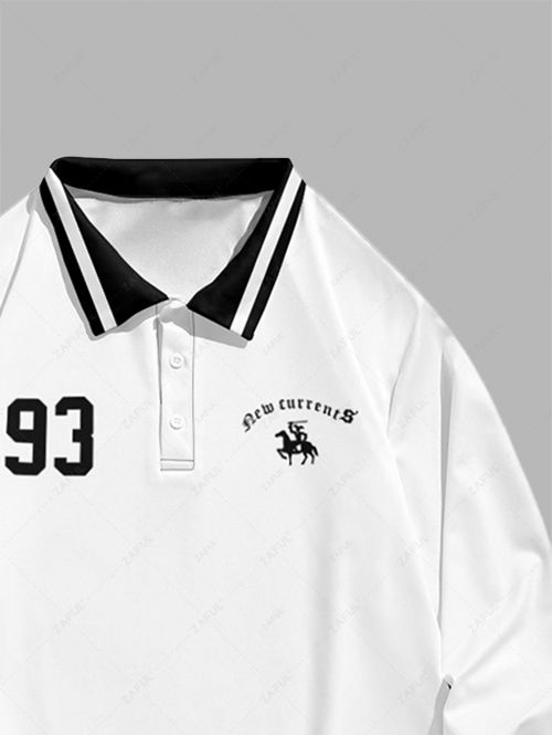 Men\'s Letter Number Graphic Pattern Contrast Striped Trim Half Buttoned Polo Collar Long Sleeves T-shirt WHITE - PURECLO
