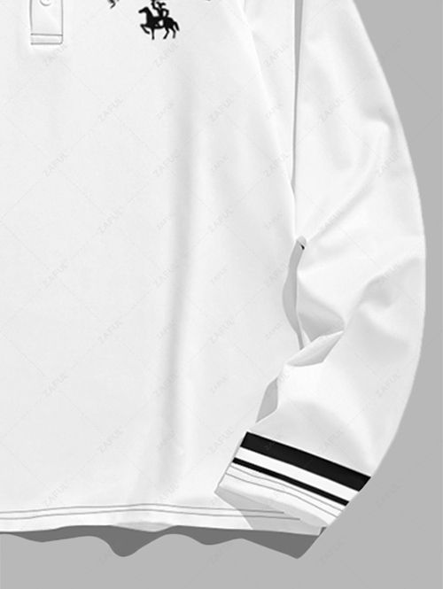 Men\'s Letter Number Graphic Pattern Contrast Striped Trim Half Buttoned Polo Collar Long Sleeves T-shirt WHITE - PURECLO