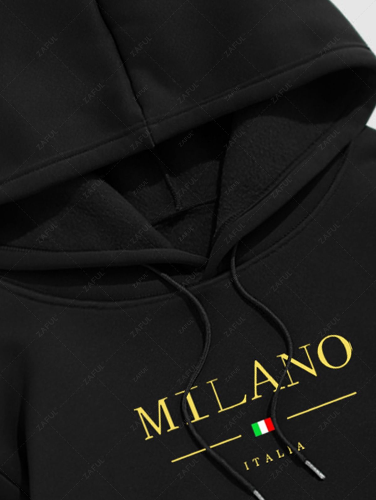 Men\'s MILANO ITALIA Flag Graphic Printed Fuzzy Fleece-lined Kangaroo Pocket Design Pullover Hoodie BLACK - PURECLO