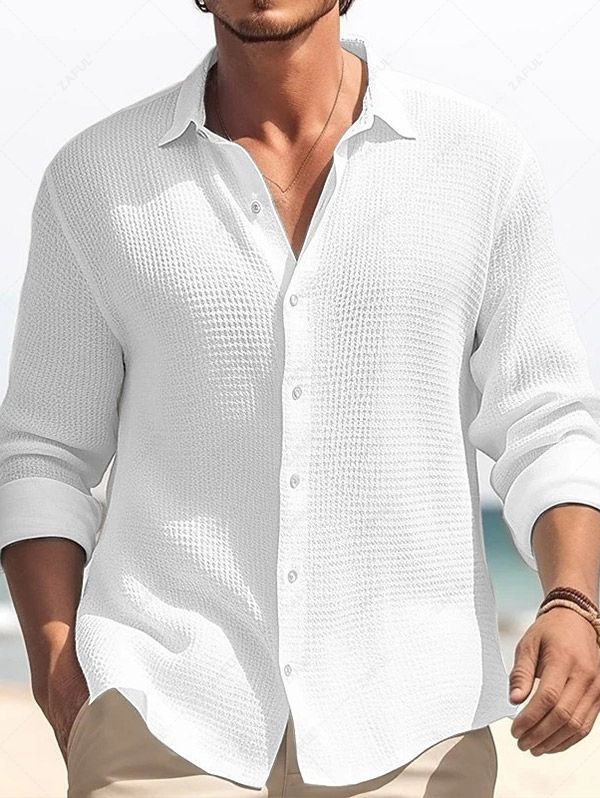 Men\'s Casual Minimalist Style Solid Color Textured Button Up Long Sleeve Shirt WHITE - PURECLO