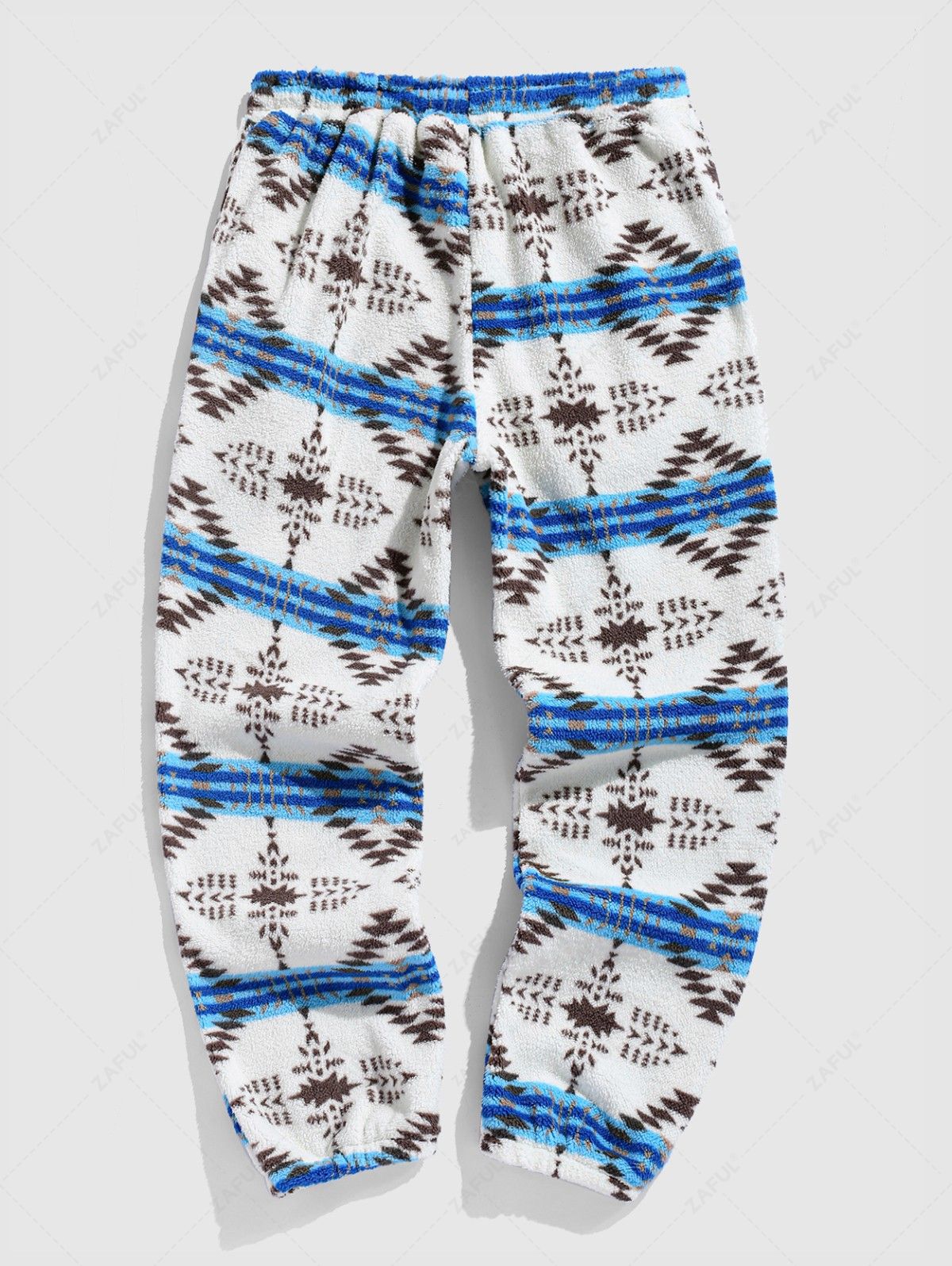 ZAFUL Men\'s Casual Vintage Ethnic Geometric Aztec Print Faux Fur Fluffy Drawstring Jogger Pants BLUE - PURECLO