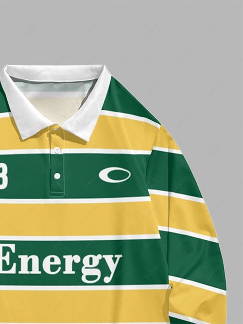 Men\'s Colorblock Letter Energy 93 Pattern Half Buttoned Polo Collar Long Sleeves T-shirt SAFFRON - PURECLO