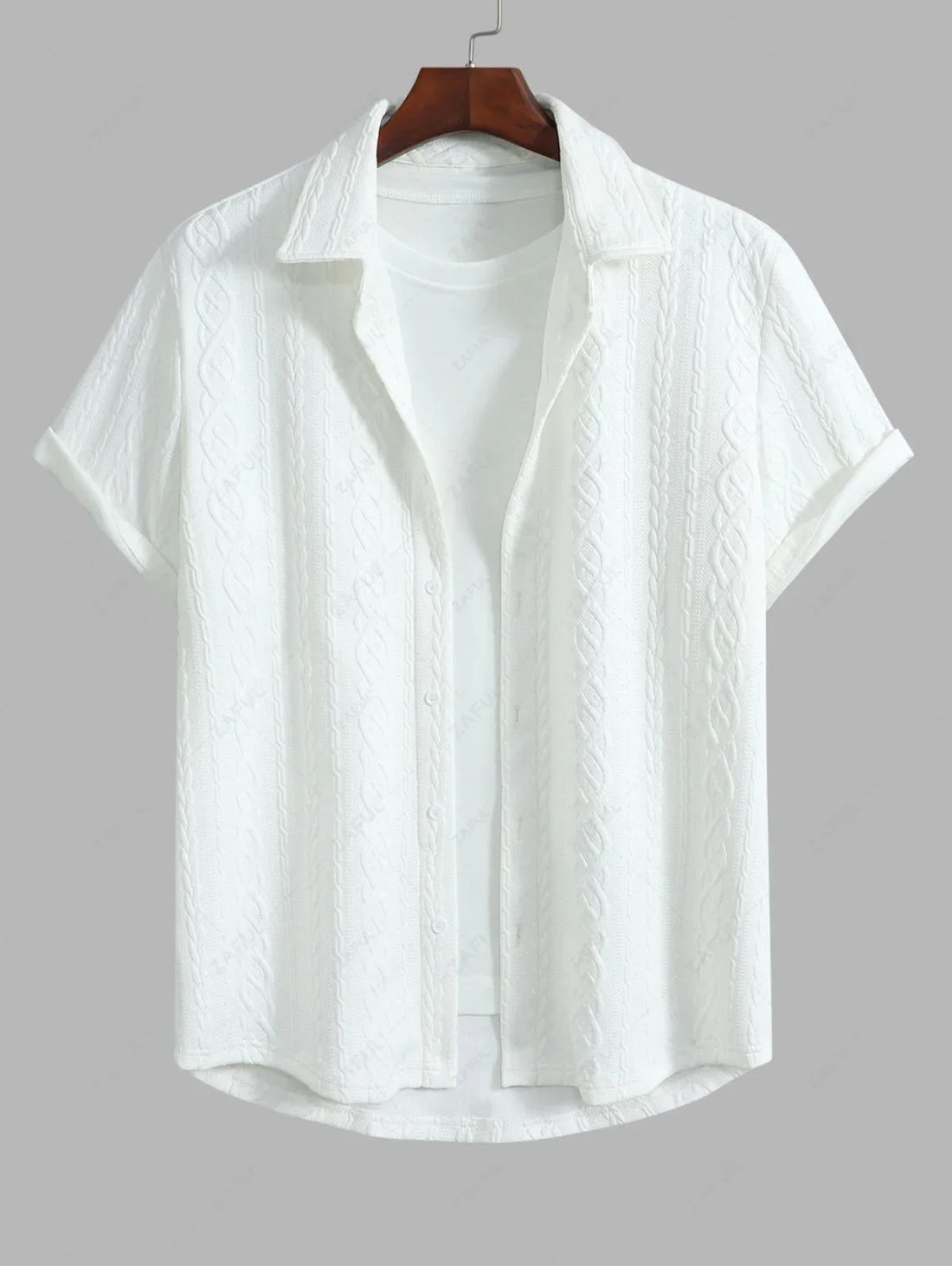 Men\'s Solid Color Cable Knit Jacquard Textured Button Up Short Sleeves Shirt And Drawstring Shorts Set WHITE BLACK COFFEE - PURECLO