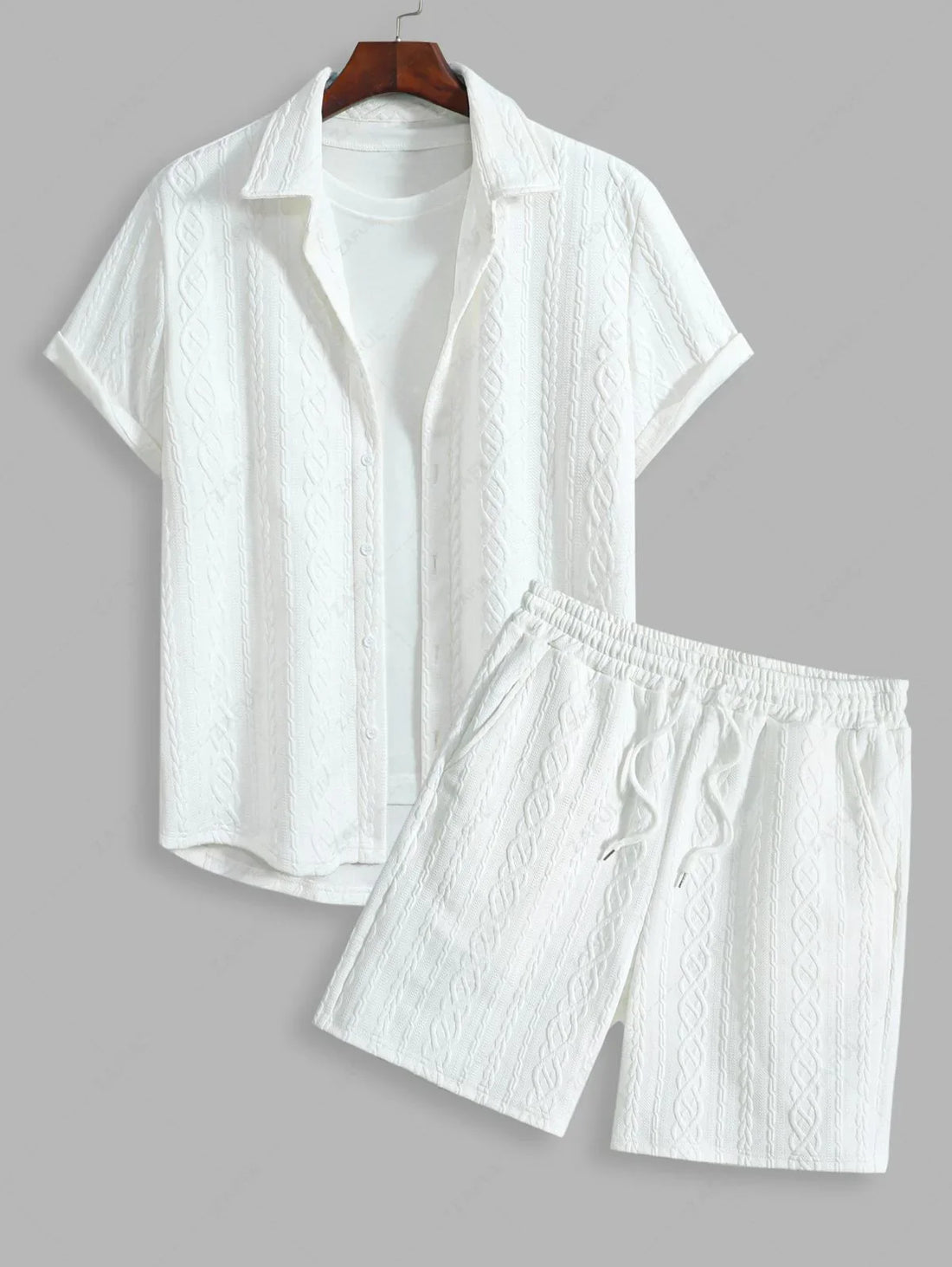 Men\'s Solid Color Cable Knit Jacquard Textured Button Up Short Sleeves Shirt And Drawstring Shorts Set WHITE BLACK COFFEE - PURECLO