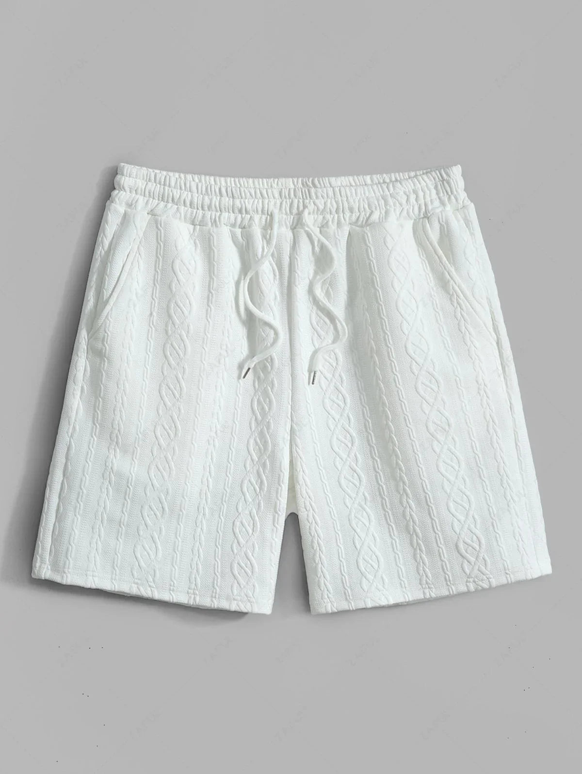 Men\'s Solid Color Cable Knit Jacquard Textured Button Up Short Sleeves Shirt And Drawstring Shorts Set WHITE BLACK COFFEE - PURECLO