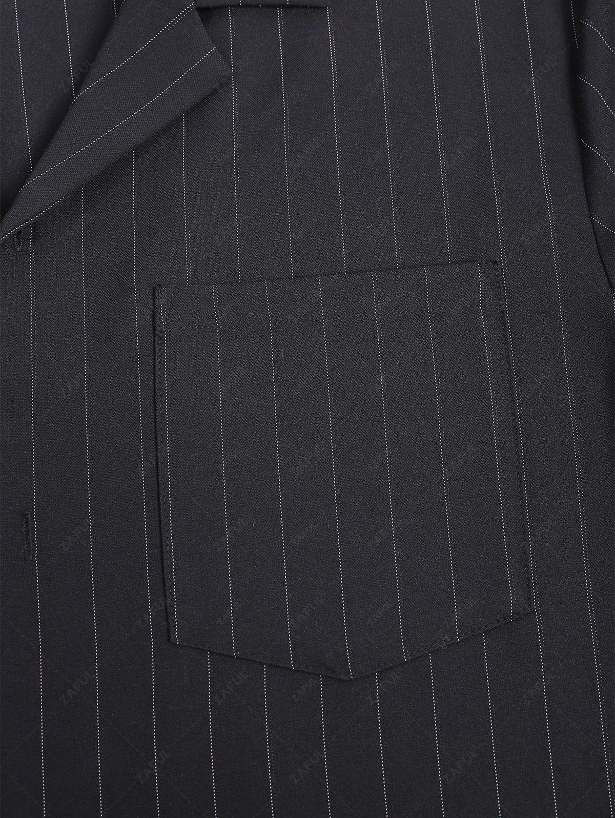 Men\'s Casual Pinstripe Pocket Design Camp Collar Button Up Short Sleeves Shirt And Drawstring Straight Leg Pants Set BLACK - PURECLO