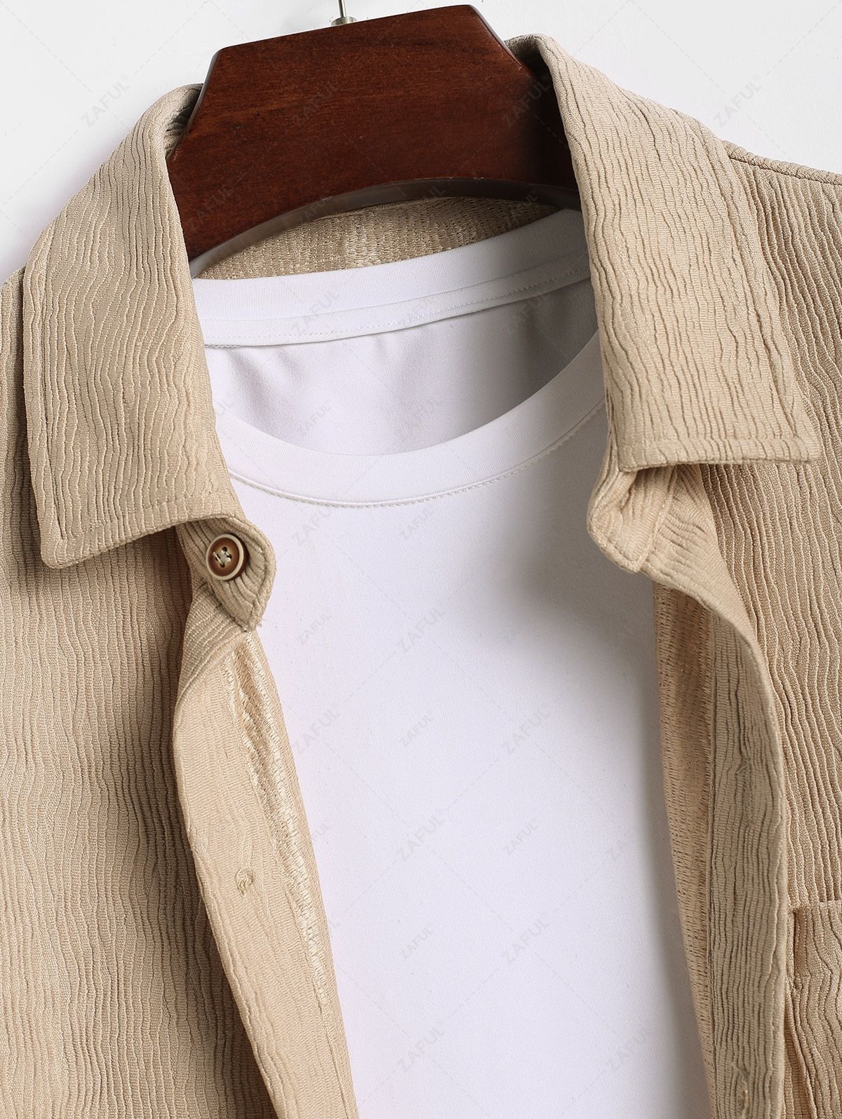 Men\'s Casual Bark Wrinkle Textured Front Pocket Button Up Short Sleeves Shirt COFFEE - PURECLO