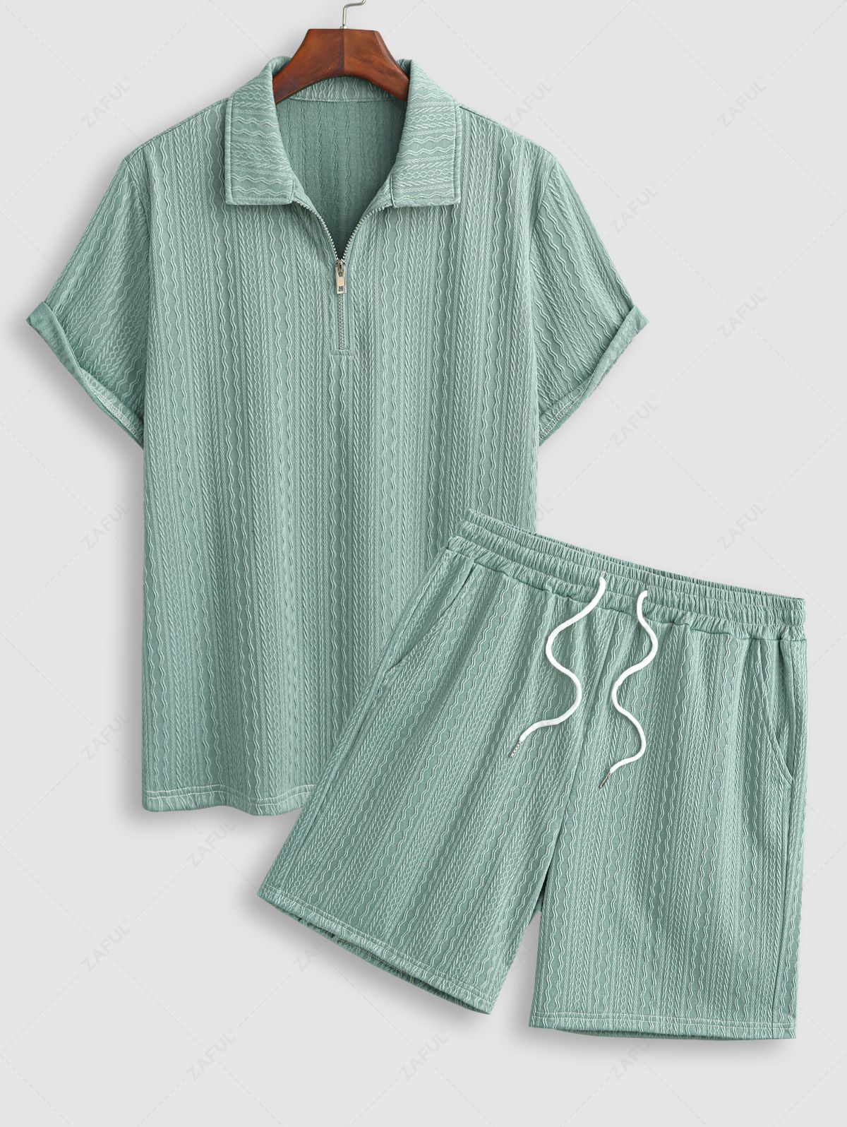 Men\'s Casual Cable Jacquard Textured Quarter Zip Polo Collar Short Sleeves T-shirt And Drawstring Shorts Set LIGHT GREEN - PURECLO