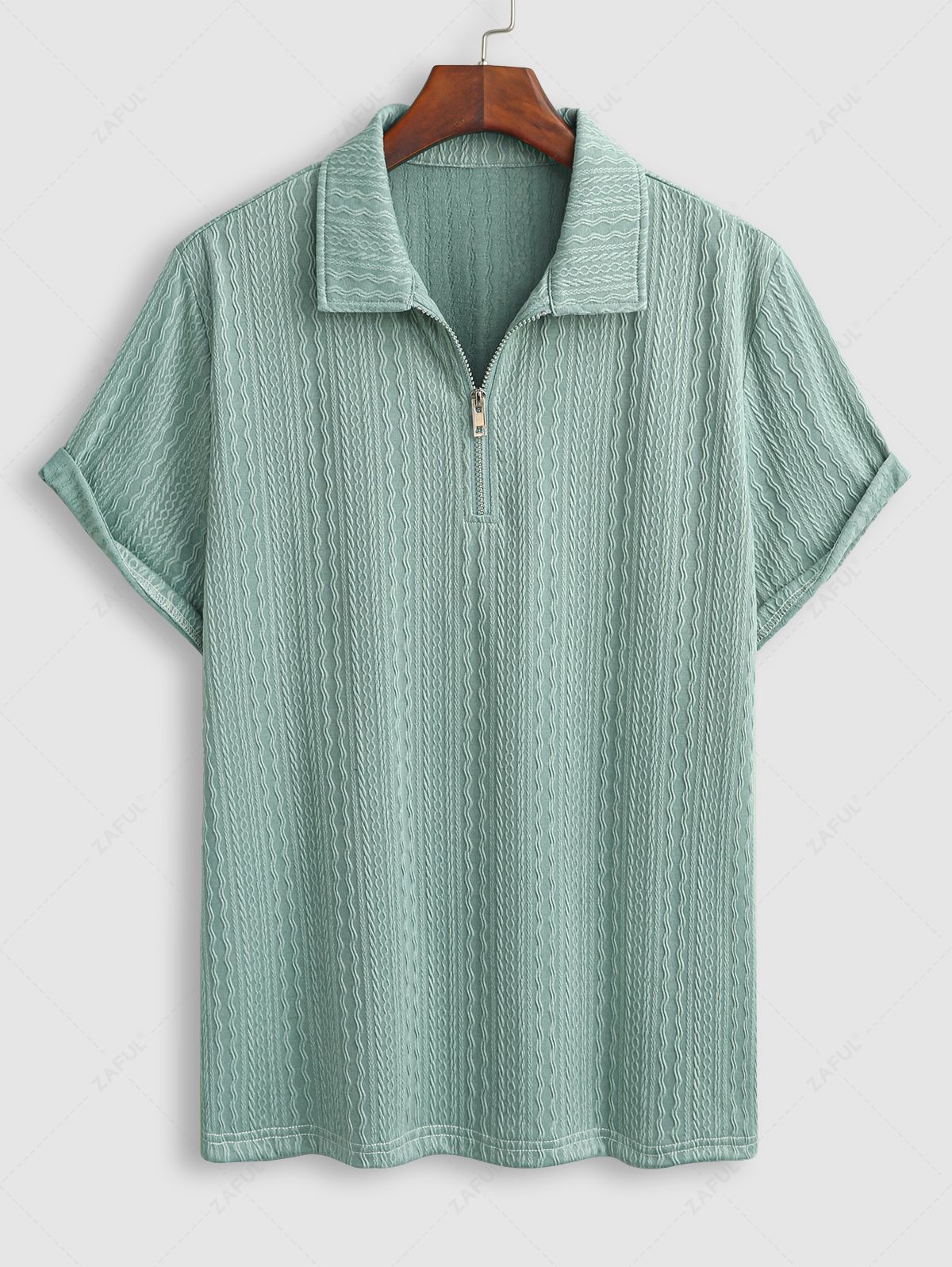 Men\'s Casual Cable Jacquard Textured Quarter Zip Polo Collar Short Sleeves T-shirt And Drawstring Shorts Set LIGHT GREEN - PURECLO