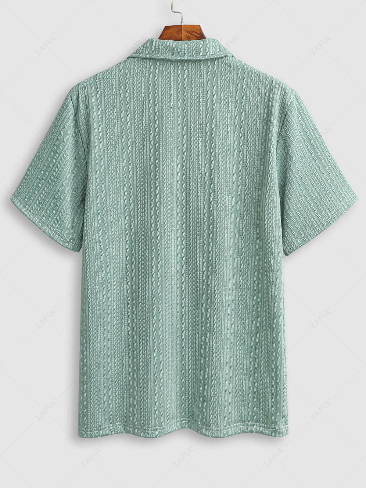 Men\'s Casual Cable Jacquard Textured Quarter Zip Polo Collar Short Sleeves T-shirt And Drawstring Shorts Set LIGHT GREEN - PURECLO