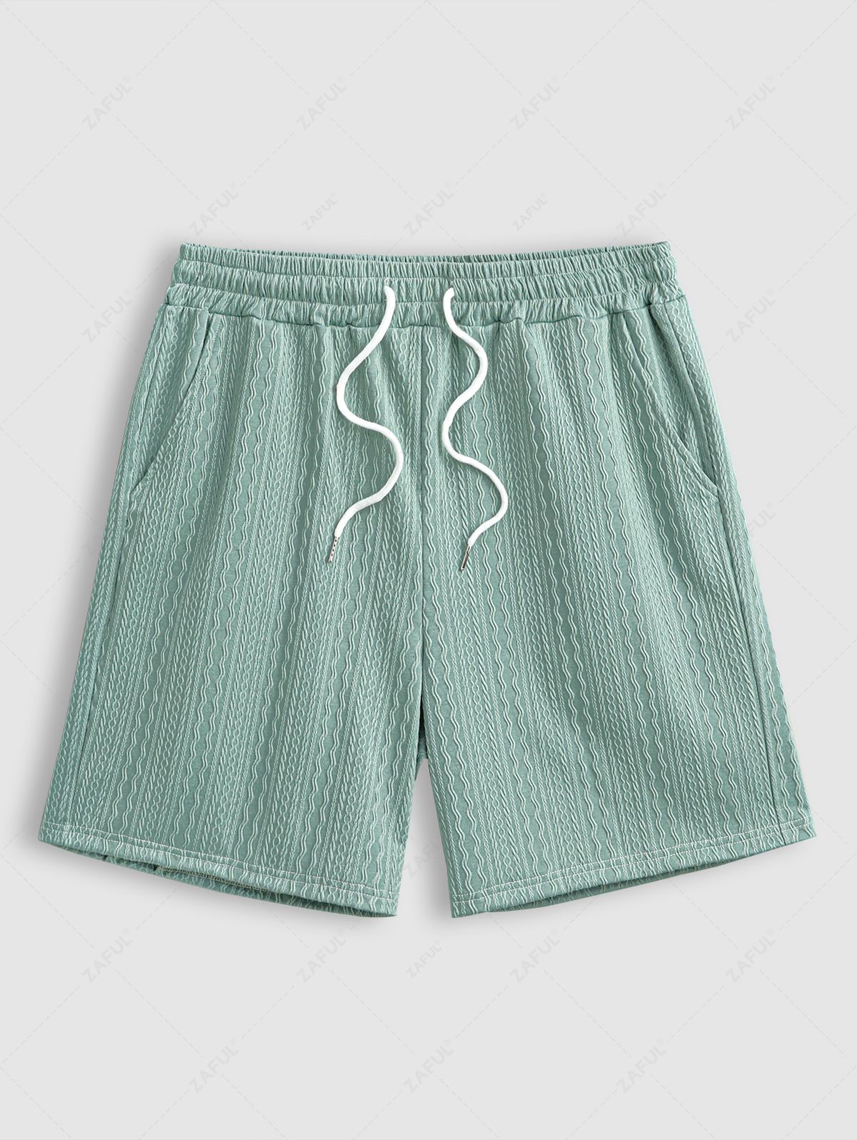 Men\'s Casual Cable Jacquard Textured Quarter Zip Polo Collar Short Sleeves T-shirt And Drawstring Shorts Set LIGHT GREEN - PURECLO